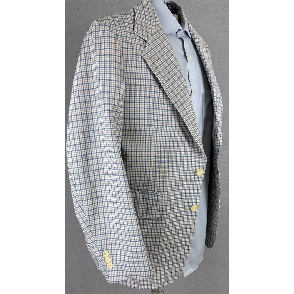 Vintage 60s John Weitz Palm Beach Blue Tan Check Sport Coat Blazer 38R 1867